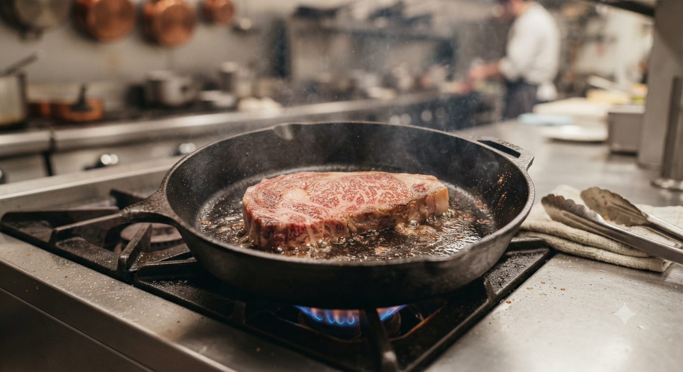 Vì sao chảo đáy dày là "chìa khóa vàng" khi áp chảo bò Wagyu Nhật Bản?