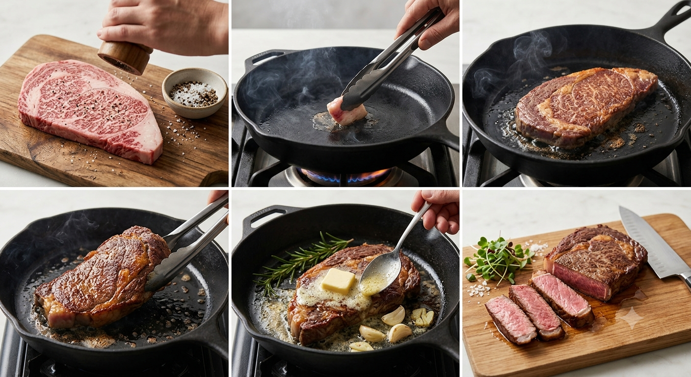 Hướng dẫn áp chảo bò Wagyu Nhật Bản bằng chảo đáy dày từng bước