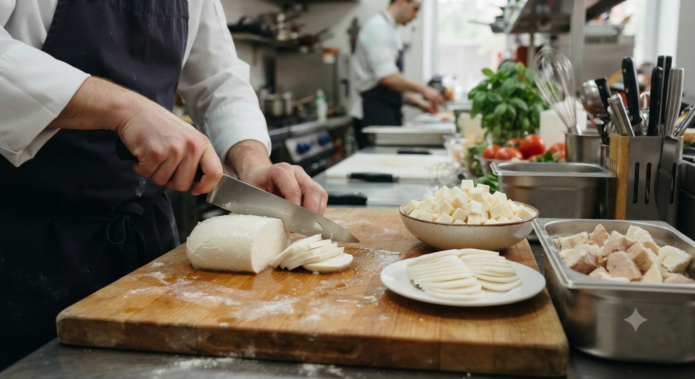 Cách cắt Mozzarella dạng khối chuẩn theo từng mục đích