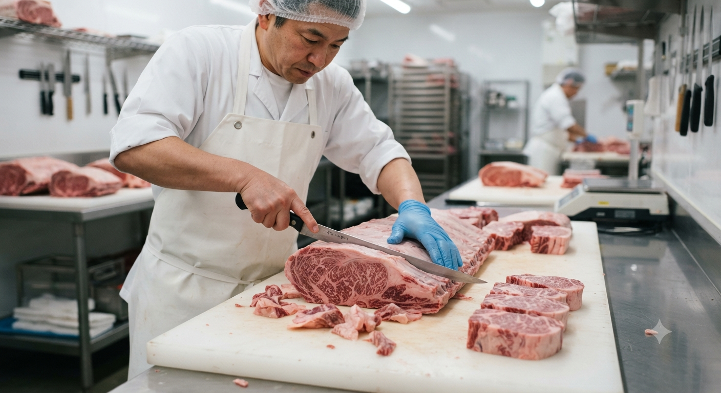 Quy trình chi tiết chia sườn non Wagyu thành từng phần nhỏ