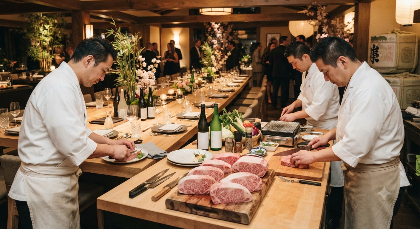 Bối cảnh chuẩn bị cho bàn tiệc đông người với thăn nội Wagyu